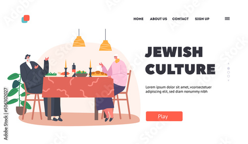 Jewish Culture Landing Page Template. Senior Couple Having Dinner at Home. Old Man and Woman Sit at Table with Meals
