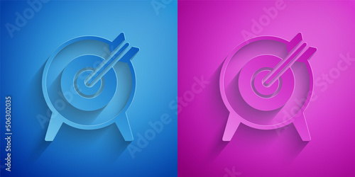 Paper cut Target financial goal concept icon isolated on blue and purple background. Symbolic goals achievement, success. Paper art style. Vector