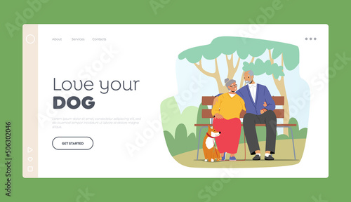 Aged Family Outdoor Relax with Pet Landing Page Template. Elderly Couple Characters Spending Time With Dog at City Park