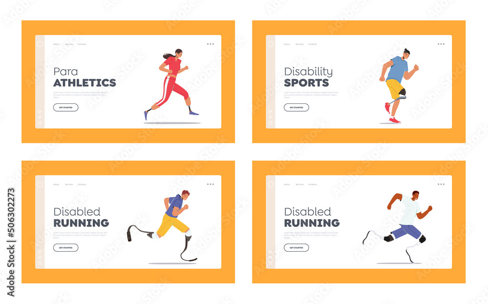 Disabled Athletes Landing Page Template Set. Young Amputee Men or Women Running. Characters Run City Marathon