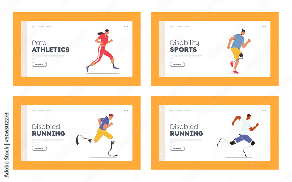 Disabled Athletes Landing Page Template Set. Young Amputee Men or Women Running. Characters Run City Marathon Disabled Athletes Landing Page Template Set. Young Amputee Men or Women Running. Characters Run City Marathon