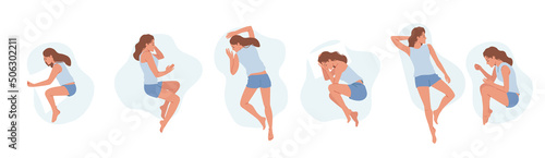 Set Female Character Sleeping Poses, Girl Lying in Bed in Various Comfortable Positions Top View. Woman Sleep, Bedtime