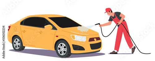 Fototapeta Naklejka Na Ścianę i Meble -  Car Wash Service Concept. Worker Character Wearing Uniform Clean Automobile Pouring Water from High Pressure Jet