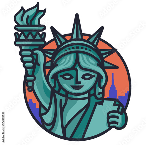 Statue of Liberty Vector illustration logo icon with New York city skyline background editable Ai file