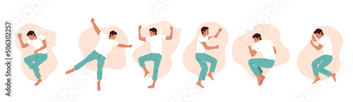 Set of Men Sleep or Relaxing in Different Sleeping Poses Top View, Male Character Lying in Bed with Pillow. Sleep or Nap