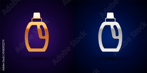 Gold and silver Plastic bottle for laundry detergent, bleach, dishwashing liquid or another cleaning agent icon isolated on black background. Vector