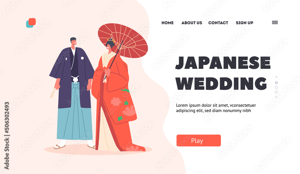 Japanese Wedding Landing Page Template. Asian Couple Wear Traditional Costumes, Bride and Groom Characters Japanese Wedding Landing Page Template. Asian Couple Wear Traditional Costumes, Bride and Groom Characters
