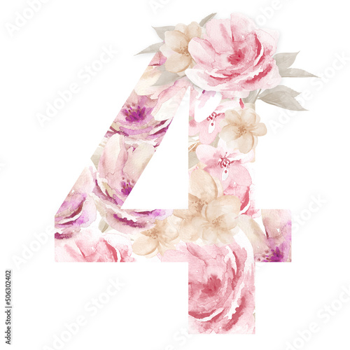 Number 4 Floral Alphabet Design Watercolour Flower number four isolated on white background.