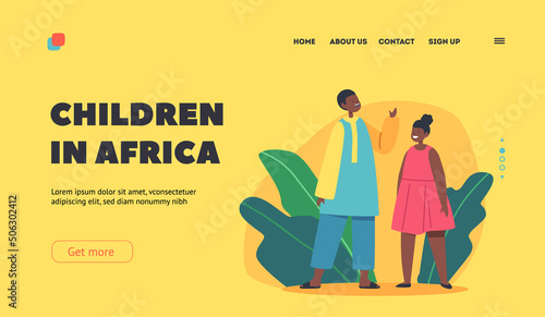 Children in Africa Landing Page Template. Cute African Boy and Girl Wear Traditional Clothes, Kids, Happy Little Infants