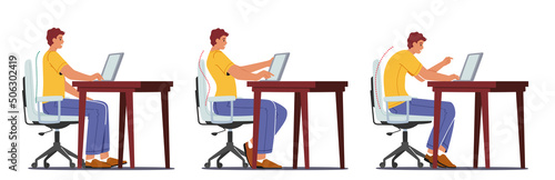 Right and Wrong Sitting Postures. Male Character Sit at Desk Work on Pc at Correct and Incorrect Spine Seat Positions