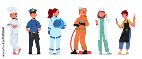 Kid Profession Chef, Policeman, Astronaut, Firefighter, Doctor, Hairdresser Characters. Children Choose Occupation