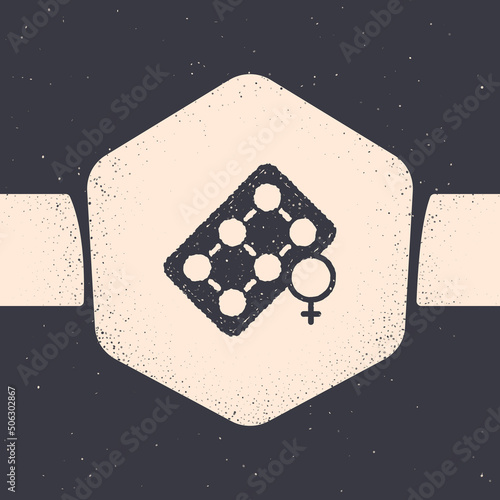 Grunge Packaging of birth control pills icon isolated on grey background. Contraceptive pill. Monochrome vintage drawing. Vector