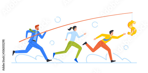 Businessman and Businesswoman Chasing Dollar Hanging on Rod Trying to Catch it. Financial Success, Business Opportunity