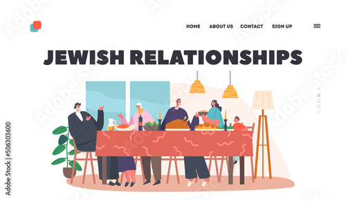 Jewish Relationship Landing Page Template. Happy Israel Family Celebrate Hanukkah Holiday or Having Dinner at Home