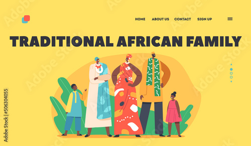 Traditional African Family Landing Page Template. Black Parents, Grandparents, Kids Characters in Native Clothes