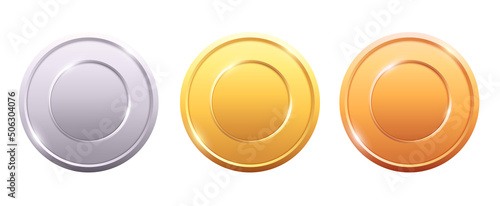 Medals logo collection. Set of shiny round awards in gold, silver and bronze metallic colors. Luxury frames, decoration emblems. Isolated abstract graphic design template