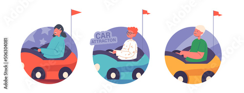 Round Icons Bumper Car Attraction in Amusement Park. Children Having Fun at Funfair Entertainment Riding Dodgem Carts