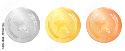 Vector medals logo collection. Set of shiny round awards in gold, silver and bronze colors. Luxury winners emblems. First, second and third place reward