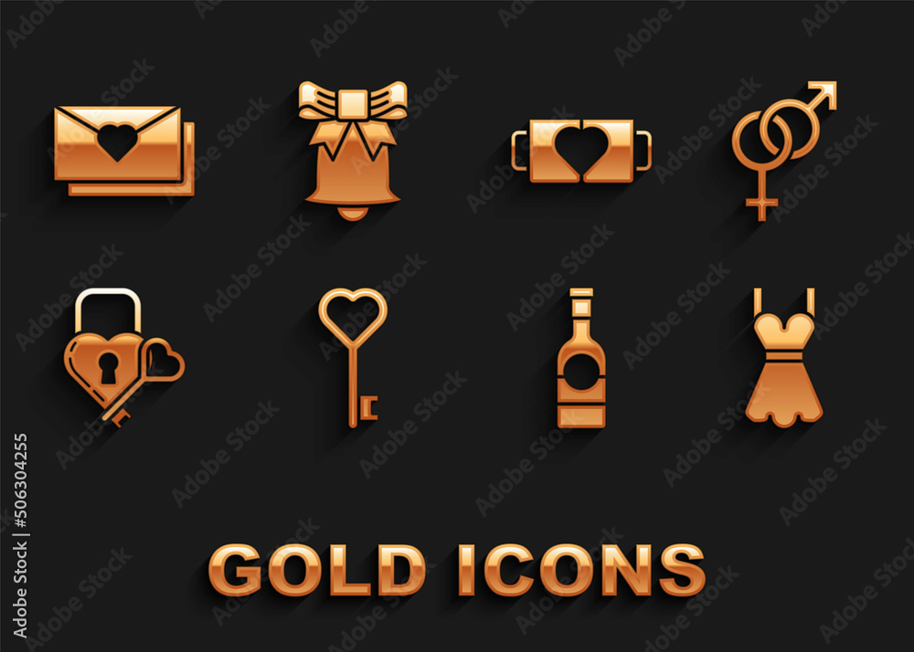 Set Key in heart shape, Gender, Woman dress, Champagne bottle, Castle the of and key, Two coffee cup, Envelope with Valentine and Ringing bell icon. Vector Set Key in heart shape, Gender, Woman dress, Champagne bottle, Castle the of and key, Two coffee cup, Envelope with Valentine and Ringing bell icon. Vector