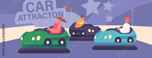 Boys and Girls Characters Riding Carts or Bumper Car Attraction in Amusement Park. Children Having Fun at Funfair