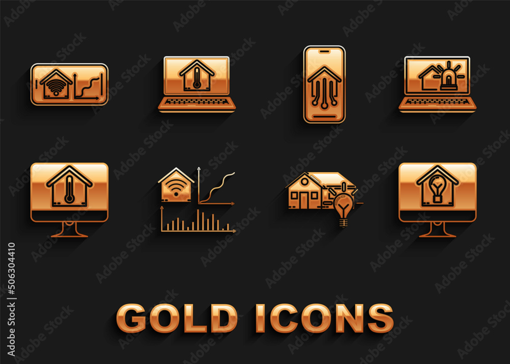 Set Smart home with wi-fi, Laptop smart house and alarm, Computer monitor light bulb, temperature, Mobile phone, and icon. Vector Set Smart home with wi-fi, Laptop smart house and alarm, Computer monitor light bulb, temperature, Mobile phone, and icon. Vector