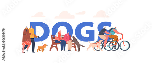 Elderly People Walk with Dog in Park Concept. Aged Characters Couple Relax, Sitting on Bench, Riding Bicycle with Pets