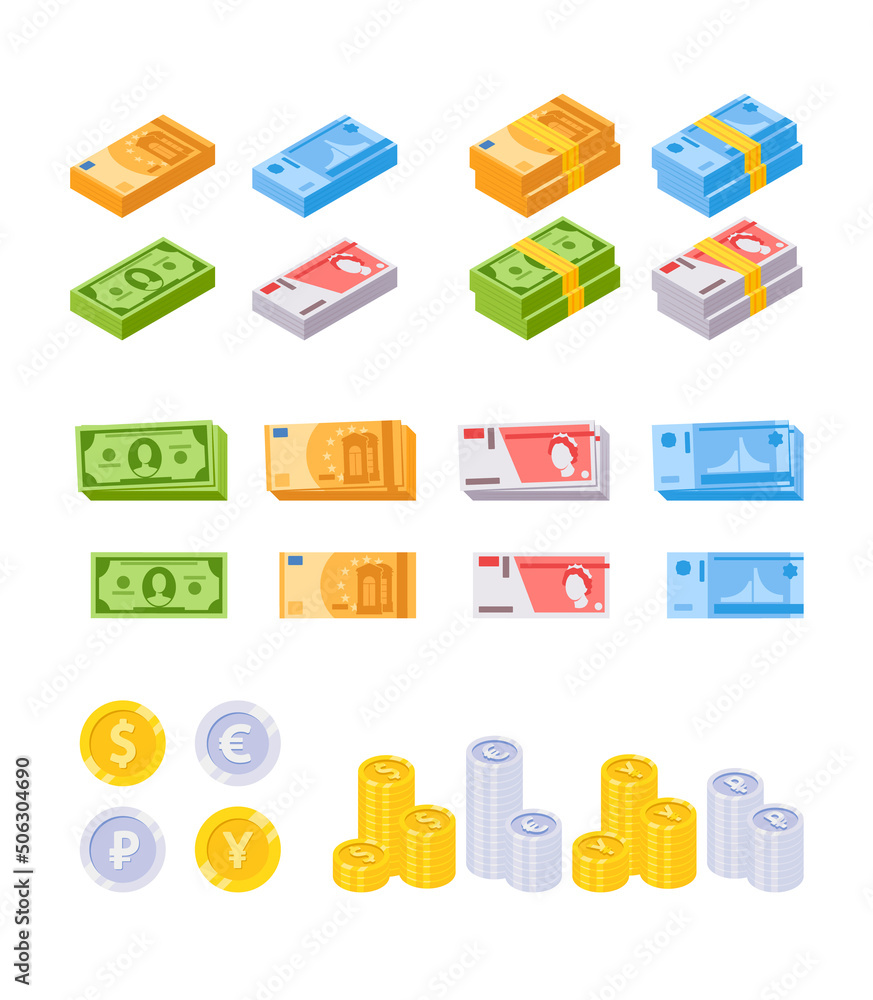 Set of Money, Banknotes and Coins Piles and Stacks. Dollar, Euro, Pound Sterling and Ruble Bills. Investment, Earnings Set of Money, Banknotes and Coins Piles and Stacks. Dollar, Euro, Pound Sterling and Ruble Bills. Investment, Earnings