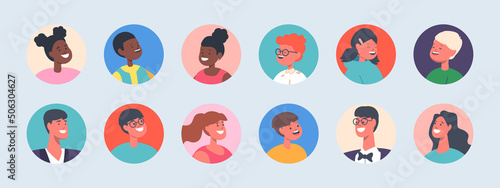 Set of People Avatars, Children and Adults Male and Female Characters, Diverse Men, Women, Girls or Boys Portraits