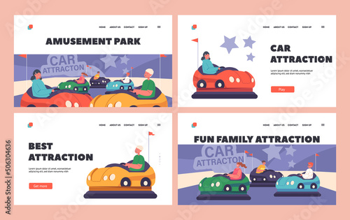 Amusement Park Attractions Landing Page Template Set. Children Fun at Bumper Car on Funfair or Carnival Entertainment