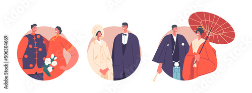 Asian Newlywed Couples Round Icons. Marriage Traditions and Culture, Traditional Japanese Wedding. Bride and Groom