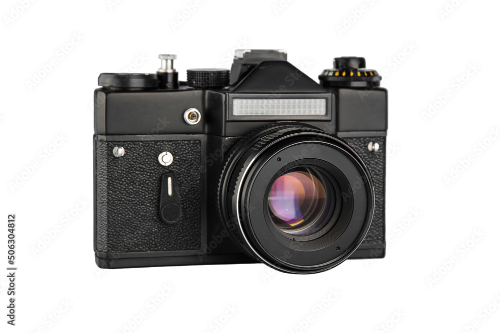an old film camera in a black metal case isolated on a white background