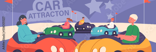 Bumper Car Attraction in Amusement Park. Children Fun at Funfair or Carnival Entertainment Riding Colorful Dodgems