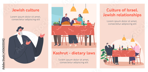 Happy Israel Family Relationship Banners, Jewish Parents, Grandparents and Child Sitting at Table with Traditional Meals