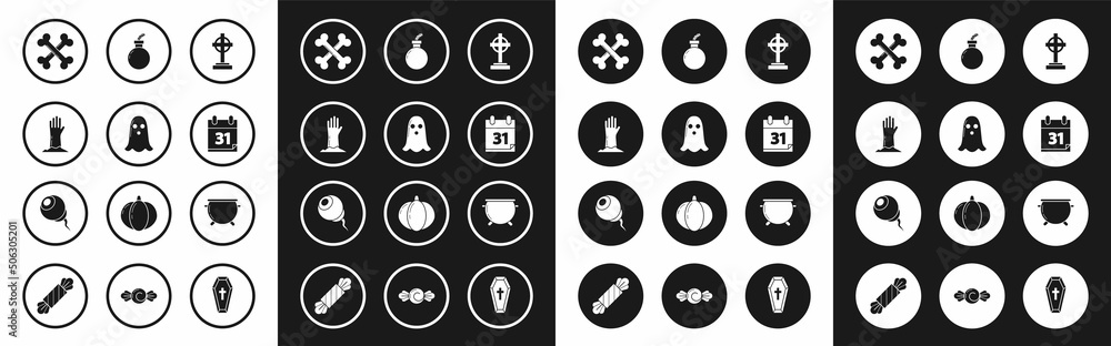 Set Tombstone with cross, Ghost, Zombie hand, Crossed bones, Calendar Halloween date 31 october, Bomb ready explode, witch cauldron and Eye icon. Vector