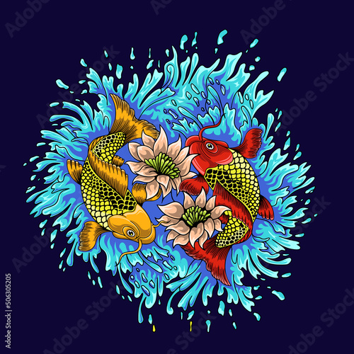 Artwork illustration design koi fish with flowers