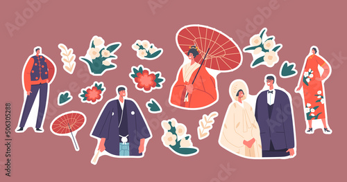 Set of Stickers Japanese Brides and Grooms. Asian Marriage Traditions and Culture, Traditional Couples Wedding