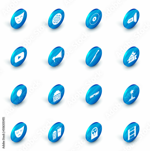 Set Film reel, CD or DVD disk, Movie spotlight, Play, Balloon with ribbon, Megaphone, Cinema ticket and Knife icon. Vector