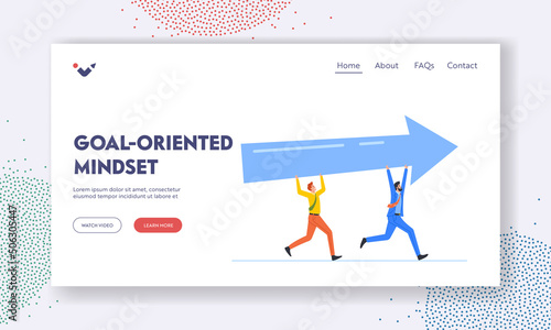 Goal Oriented Mindset Landing Page Template. Tiny Business Characters Team Holding Huge Arrow. Teamwork, Finance Success