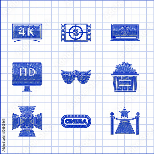 Set Comedy and tragedy theatrical masks, Carpet with barriers star, Popcorn cardboard box, Movie spotlight, Computer PC monitor HD video technology, Online play and icon. Vector