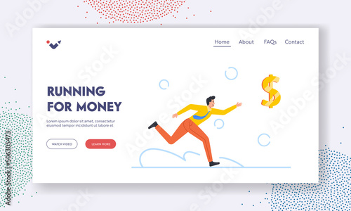 Businessman Running for Money Landing Page Template. Character Seeking Profit, Opportunity or Financial Success