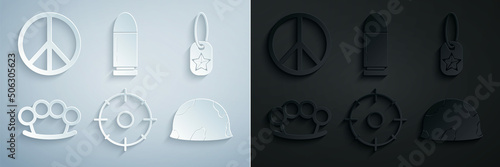 Set Target sport for shooting competition, Military dog tag, Brass knuckles, helmet, Bullet and Peace icon. Vector
