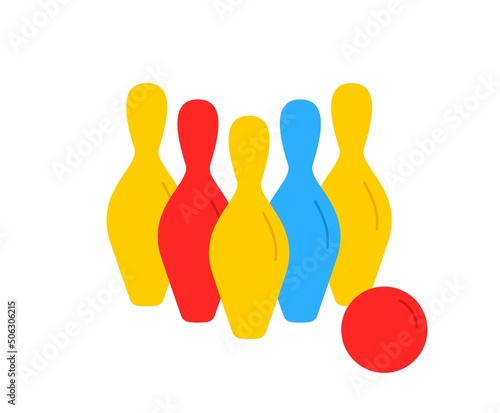 Various Sport equipment. Pins and bowling ball. Fitness inventory or gym accessories. Healthy lifestyle, activity or entertainment. Cartoon flat vector illustration isolated on white background