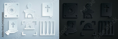 Set Fingerprint, Holy bible book, Oath on the Bible, Prison window, Stage stand or debate podium rostrum and Safe icon. Vector