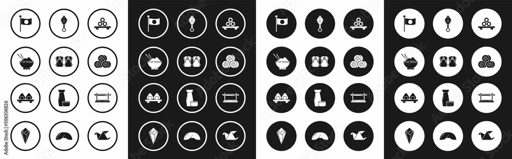 Set Sushi on cutting board, Geta traditional Japanese shoes, Rice bowl with chopstick, National flag of pole, ninja shuriken, Traditional katana and icon. Vector Set Sushi on cutting board, Geta traditional Japanese shoes, Rice bowl with chopstick, National flag of pole, ninja shuriken, Traditional katana and icon. Vector