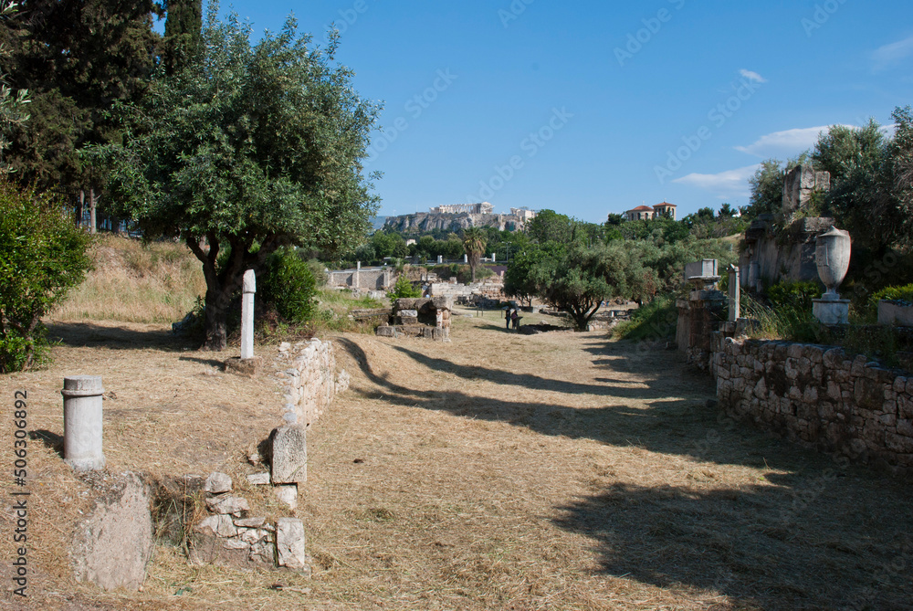 Athens, Greece / July 2022: The archaeological site of the Keramikos in Athens. Ancient Greek monuments.