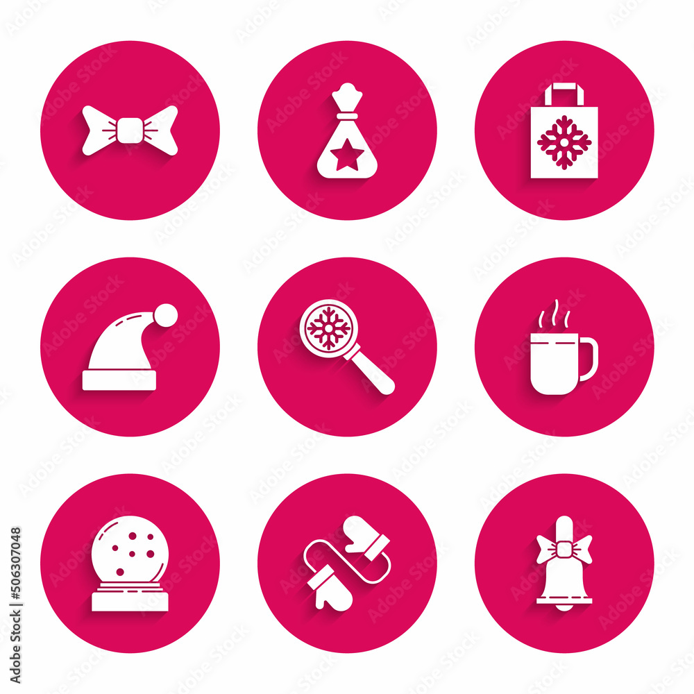 Set Magnifying glass with snowflake, Pair of knitted christmas mittens, Merry Christmas ringing bell, Coffee cup, globe fallen, Santa Claus hat, paper shopping bag and Bow tie icon. Vector Set Magnifying glass with snowflake, Pair of knitted christmas mittens, Merry Christmas ringing bell, Coffee cup, globe fallen, Santa Claus hat, paper shopping bag and Bow tie icon. Vector