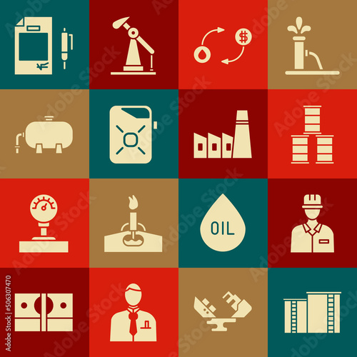 Set Oil industrial factory building, Oilman, Barrel oil, exchange, Canister for motor, Contract money and pen and icon. Vector