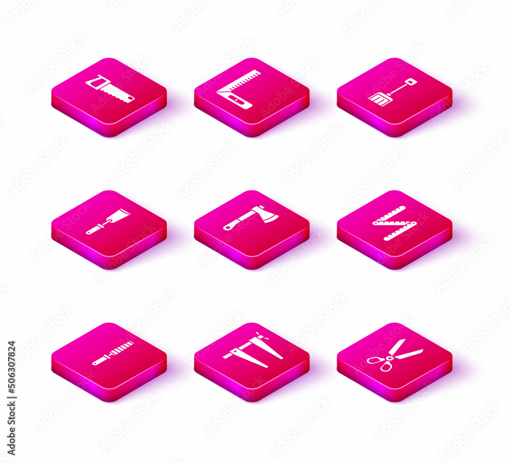 Set Chisel tool for wood, Clamp, Putty knife, Wooden axe, Scissors, Folding ruler, Snow shovel and Corner icon. Vector