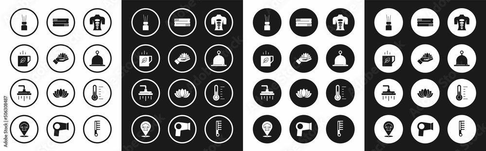 Set Massage stone therapy, Lotus flower, Cup of tea and leaf, Aroma diffuser, Sauna hat, Towel stack, thermometer and Shower head icon. Vector Set Massage stone therapy, Lotus flower, Cup of tea and leaf, Aroma diffuser, Sauna hat, Towel stack, thermometer and Shower head icon. Vector