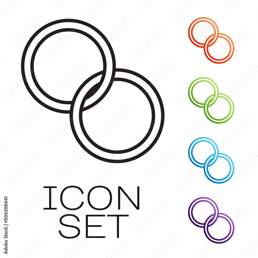 Naklejka premium Black line Wedding rings icon isolated on white background. Bride and groom jewelry sign. Marriage symbol. Diamond ring. Set icons colorful. Vector